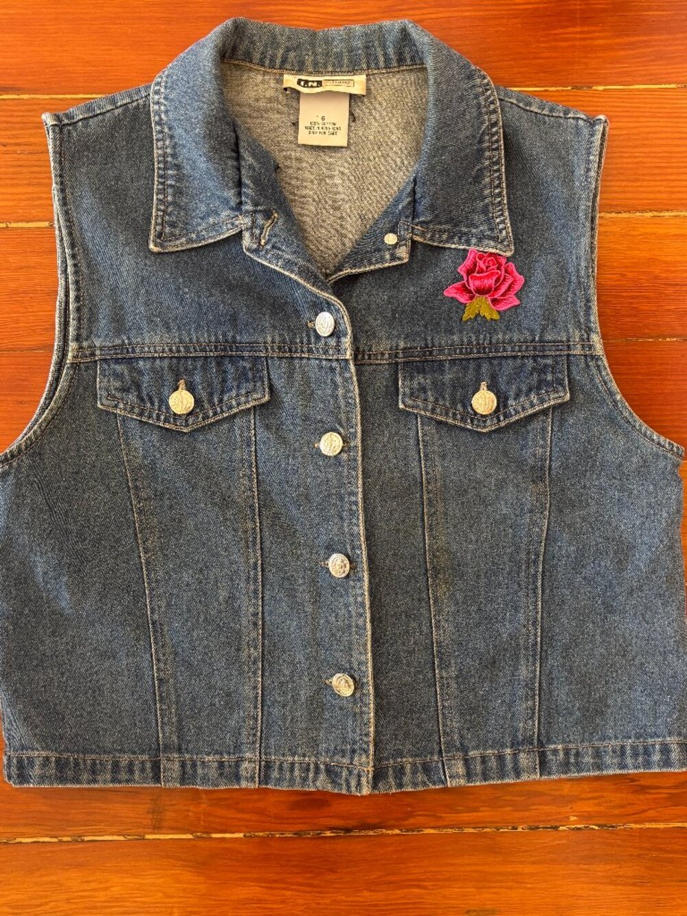 90s Vintage 100% Cotton Denim Vest Embroidered Rose Grunge Twee I.N. Studio S